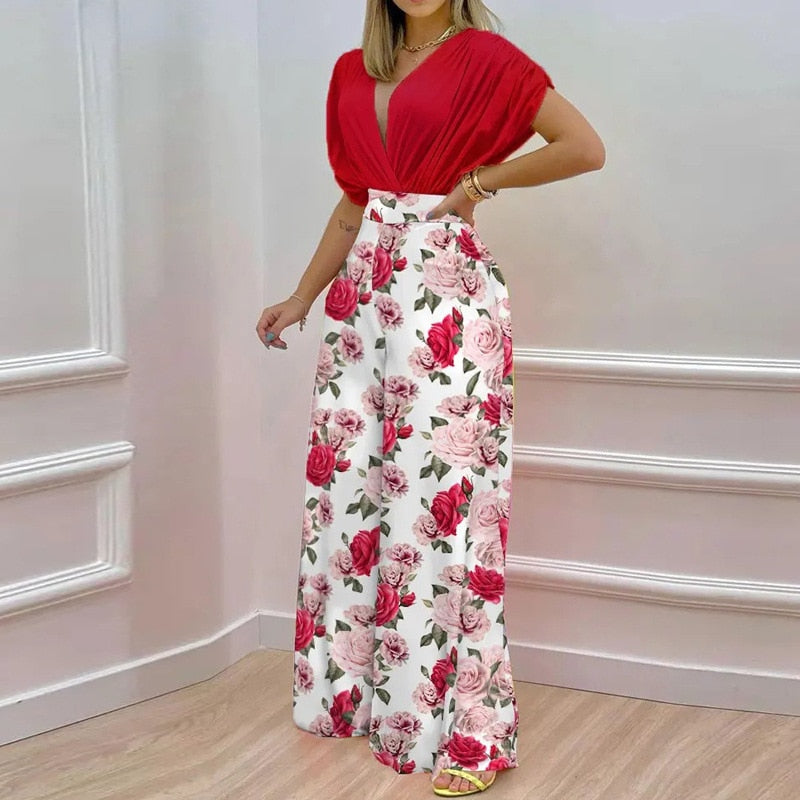 Floral V-Neck Printed Wide Leg Jumpsuit