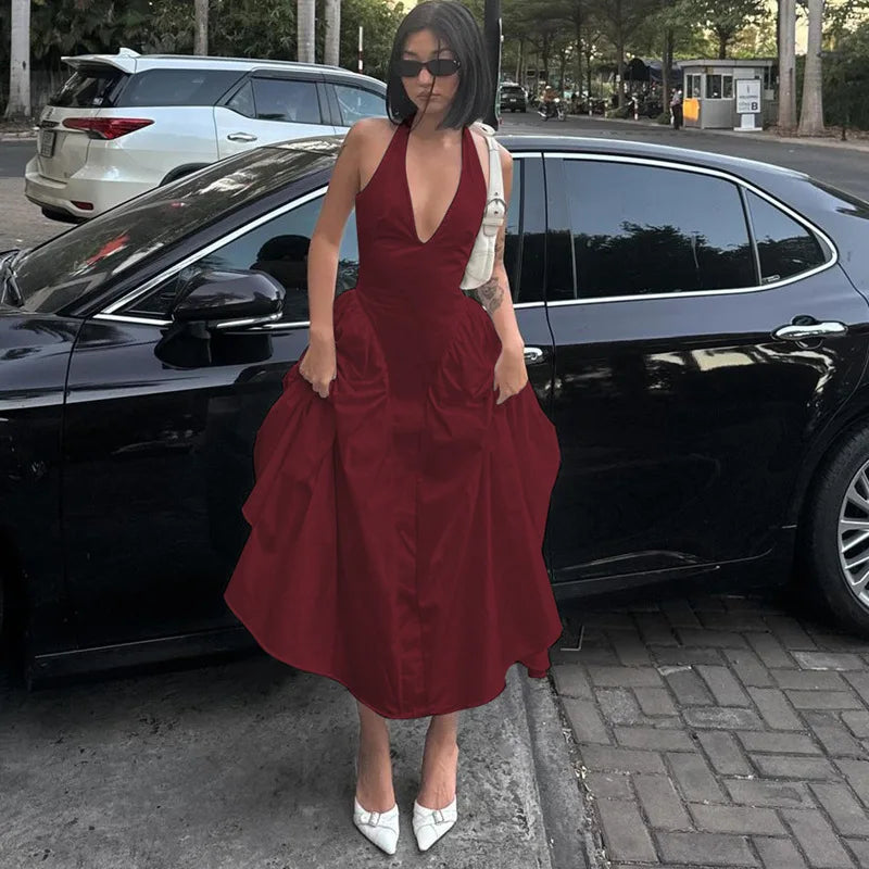 Sleeveless Halter Backless Deep V-Neck Solid Color Big Swing Maxi Dress