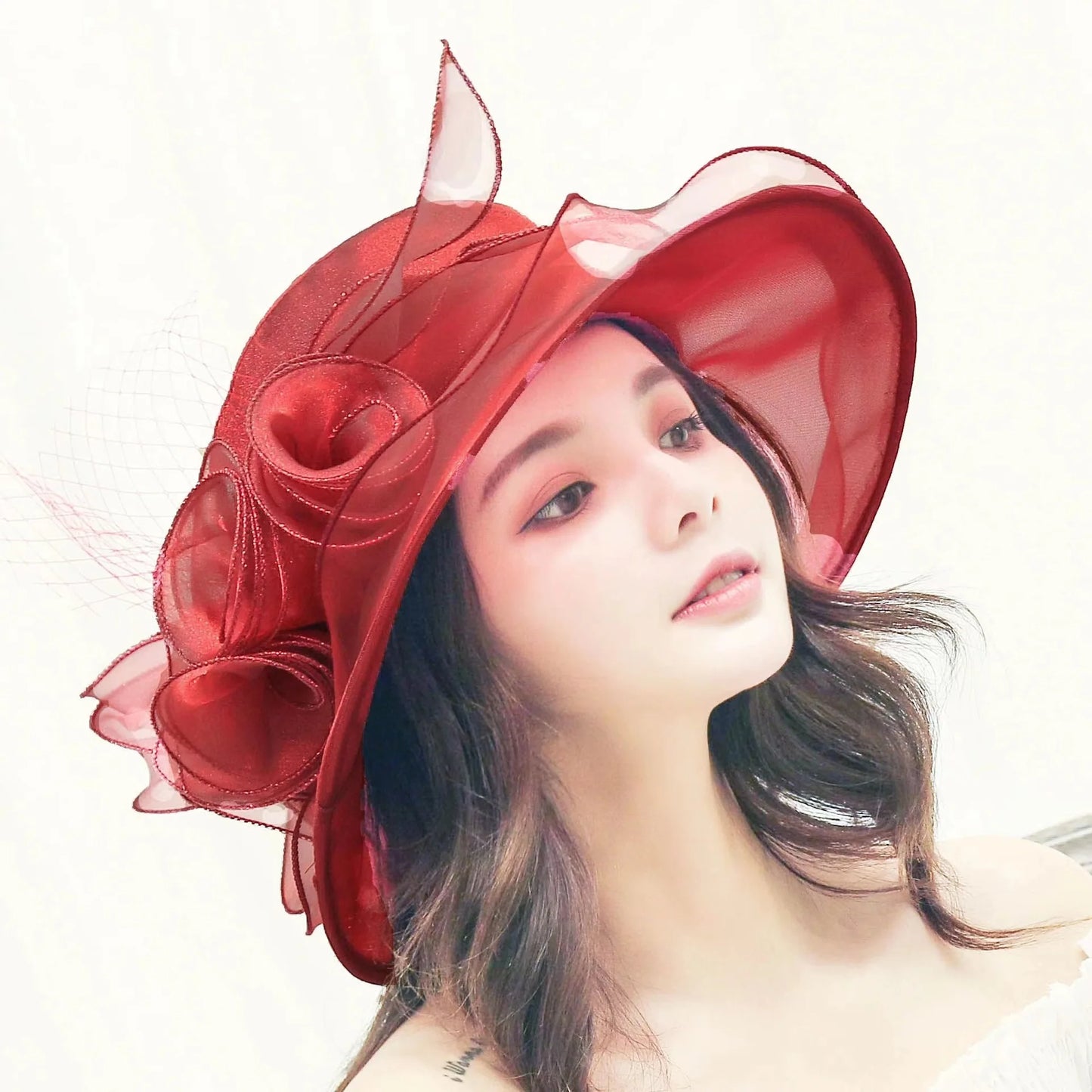 Oversized Organza Floral Bow Detail Wide Brim Kentucky Derby/Church/Wedding Fedora Hat