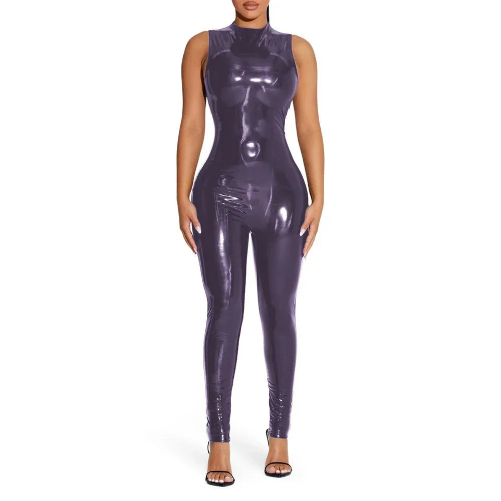 Shiny Solid Color Sleeveless PVC PU Leather Women's Pants Jumpsuit