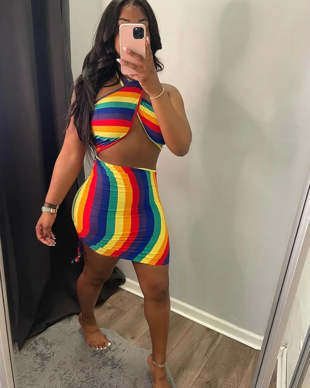 Striped Swirl Colorblock Print Criss-Cross Sleeveless Crop Top + Drawstring Bodycon Mini Skirt 2-Piece Set