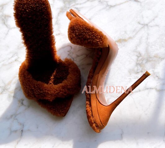 Pointed Toe Fur Mules Pencil Thin Heel Furry Stiletto Sandal Pumps