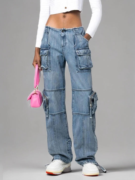 Denim Washed Multi-Pocket Colorblock Patchwork Women's High Waist Spliced Streetwear Cargo Jeans