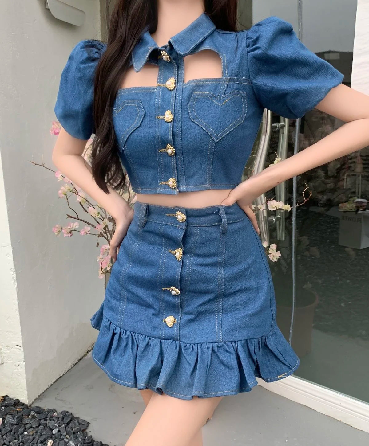 Denim Heart Design Button-Up Short Puff Sleeve Turn-Down Collar Crop Top + Ruffled Mermaid Mini Jean Skirt 2-Piece Set