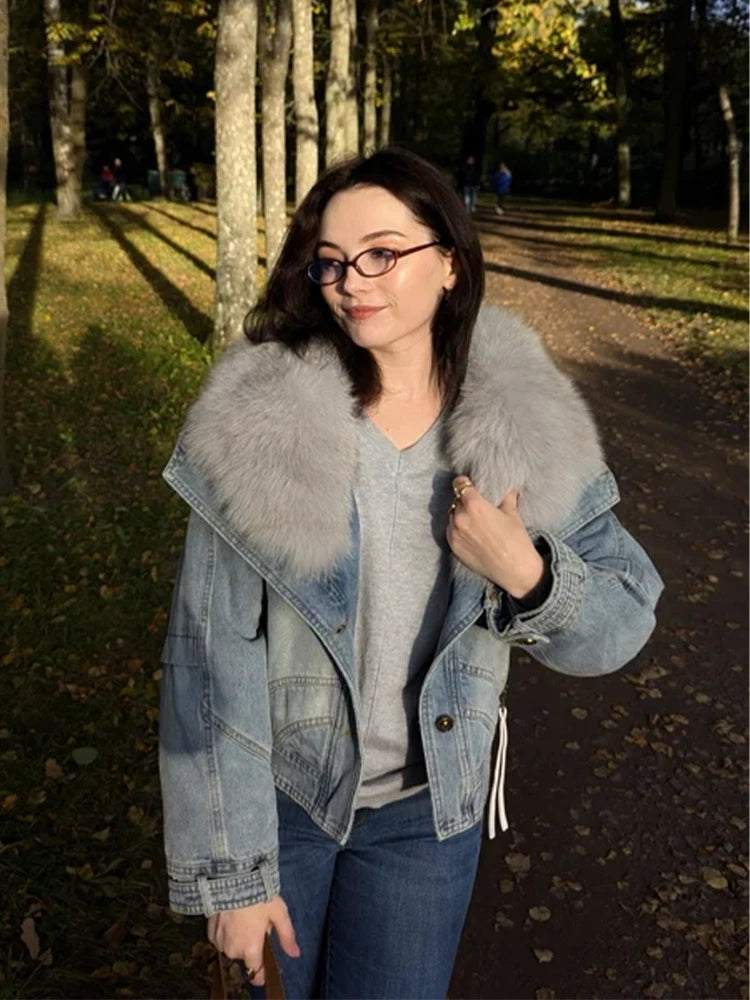Denim Oversized 100% Real Fox Fur Collar Short Women's Goose Down Puffer Jean Jacket