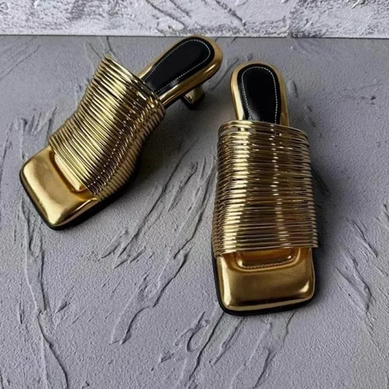 Metallic Square Toe Women's Solid Color Low Heel Sandals