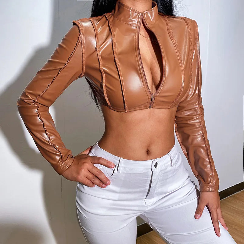 Cropped Mini Ladies Long Ruched Sleeve Zipper PU Leather Jacket