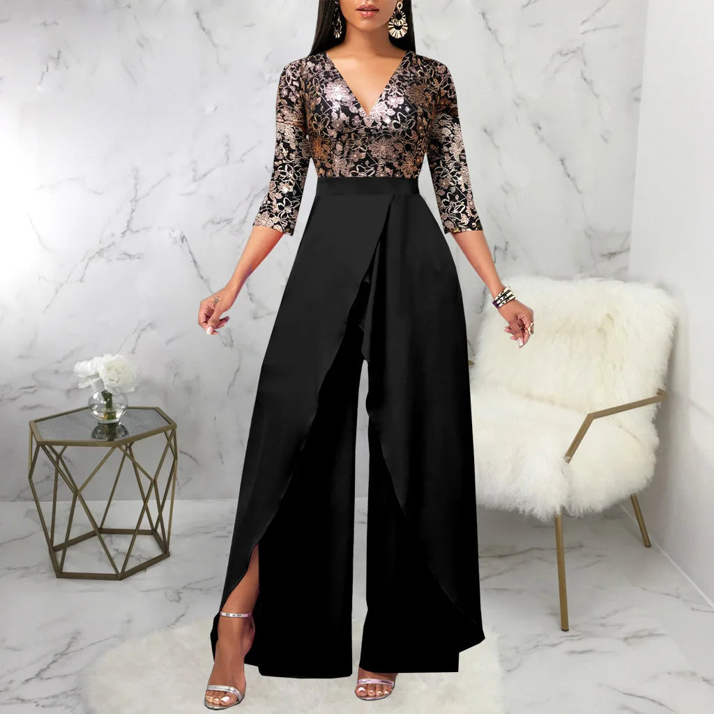 Metallic Floral Long Sleeve V-Neck Women's Wide Leg Pants Evening Party Jumpsuits