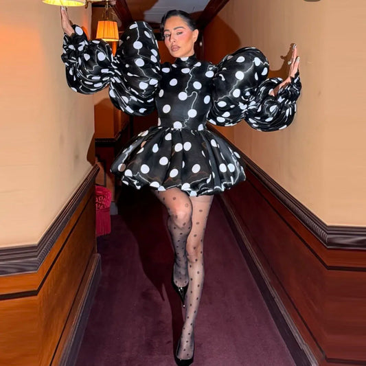Satin Polka Dot Print Long Puff Sleeve Mini Party Bubble Dress