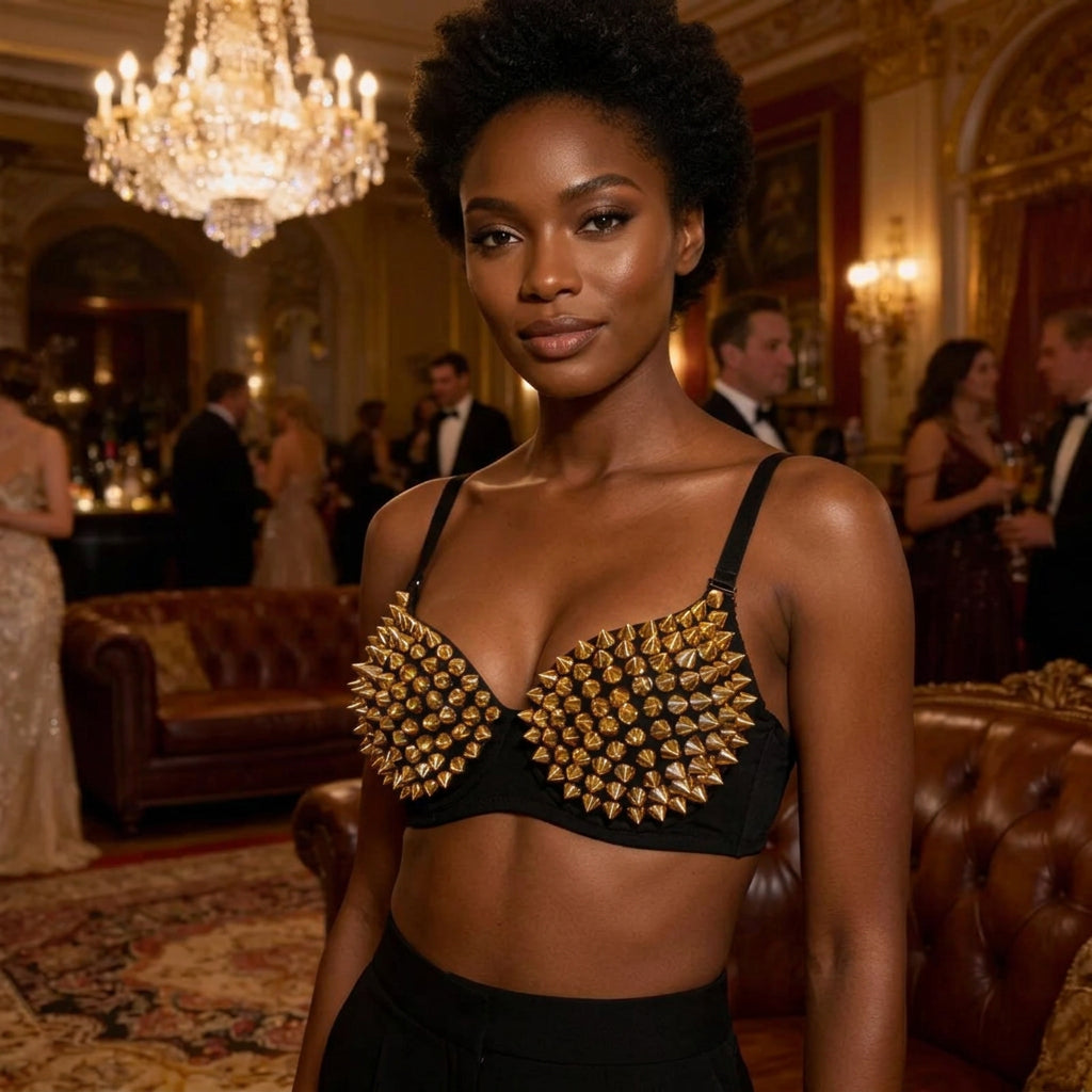 Black/Gold PU Leather Spiked Rivet Stud Steampunk Bra