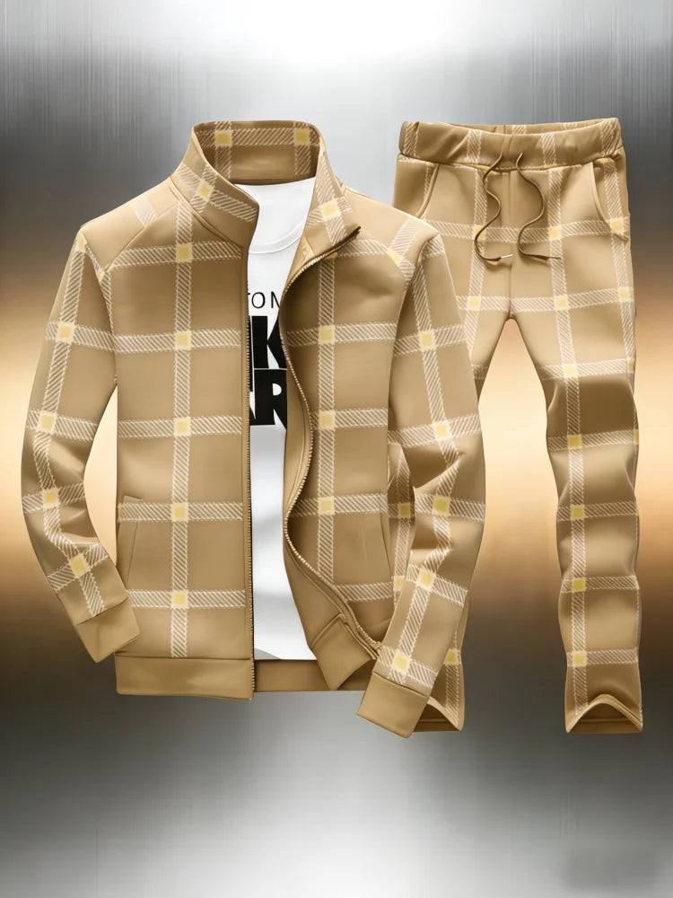 Men's Plaid Print Stand Collar Sports Zipper Jacket + Skinny Drawstring Jogger Sweatpants Tracksuit