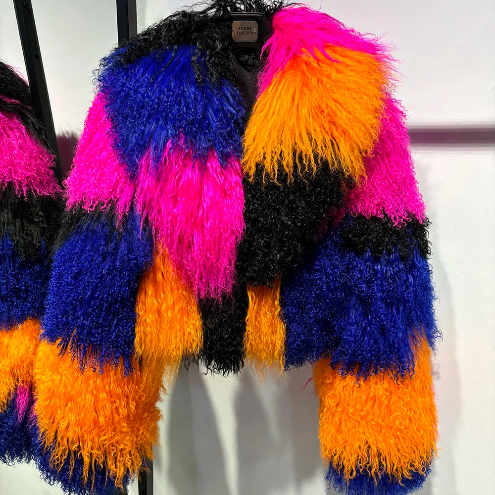 Shaggy Mongolia Sheep Fur Oversized Collar Women's Jacket to 8X Plus Size