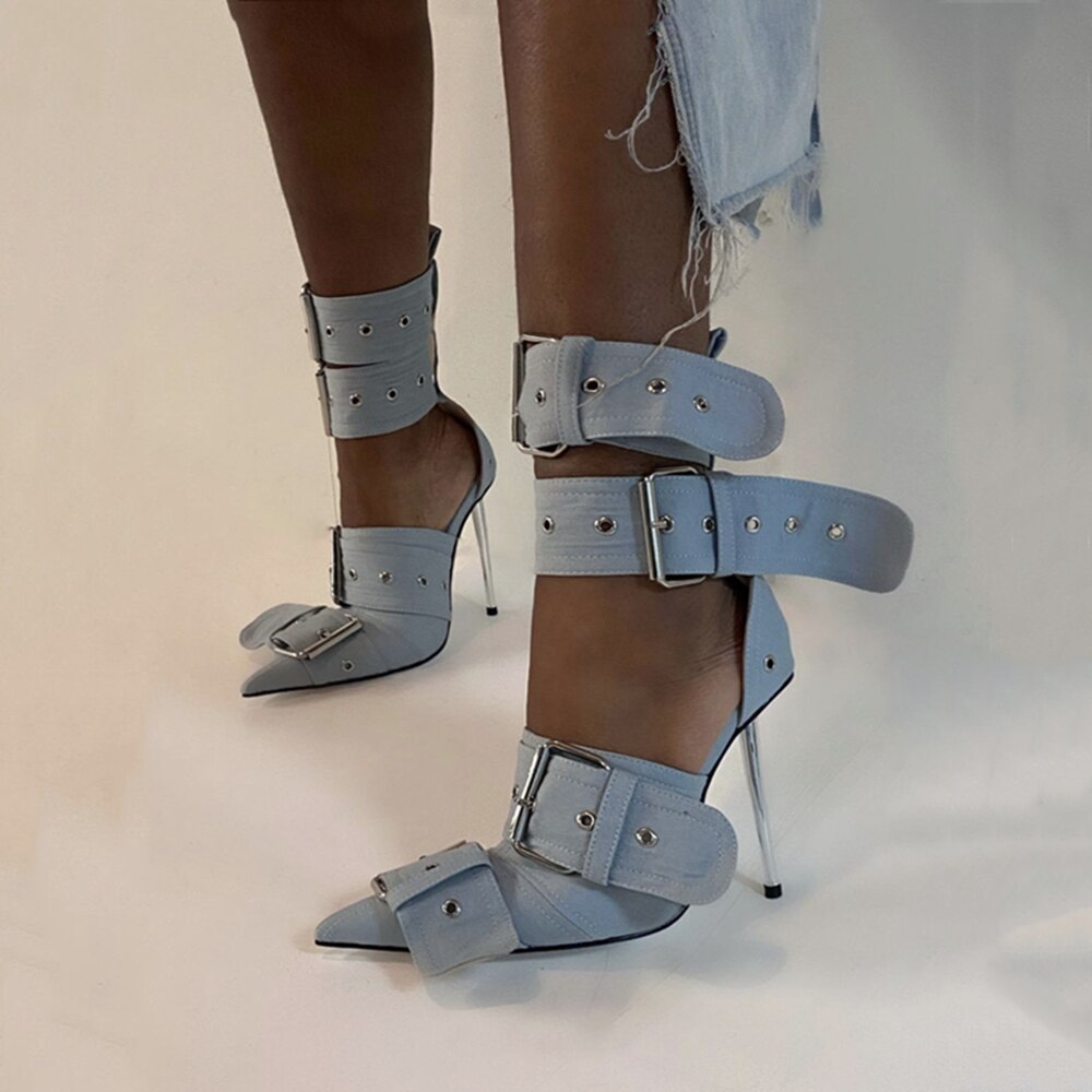 Metallic Buckle Pointy Hollow Gladiator Sandals