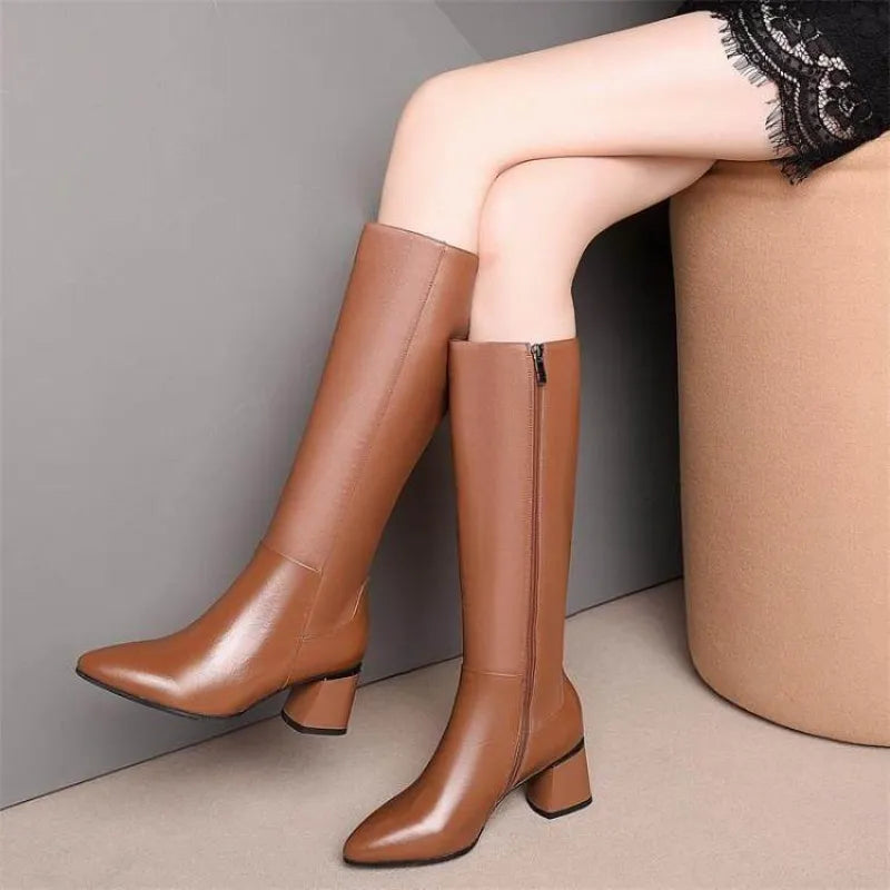 Vintage Solid PU Leather Women's Pointed Toe Knee-High Riding Boots