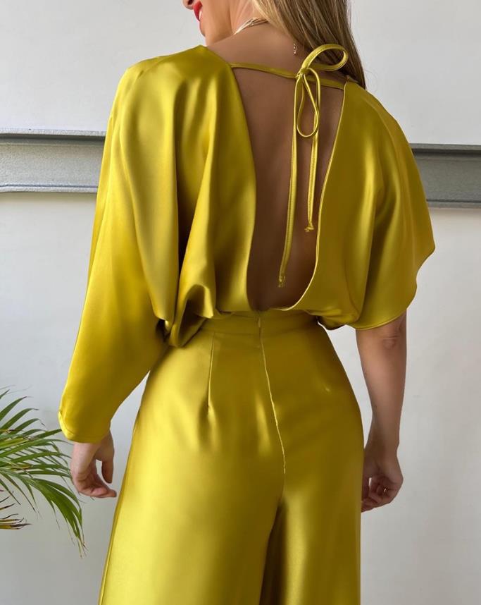 Plunge Neckline Satin Asymmetrical Sleeve Backless Wide Leg Jumpsuit