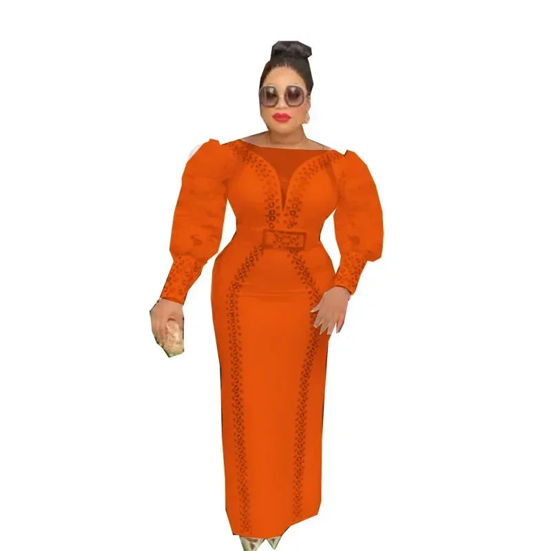 Rhinestone Sheer Belted Puff Balloon Sleeve Formal Wedding Evening Bodycon Formal Maxi Dress