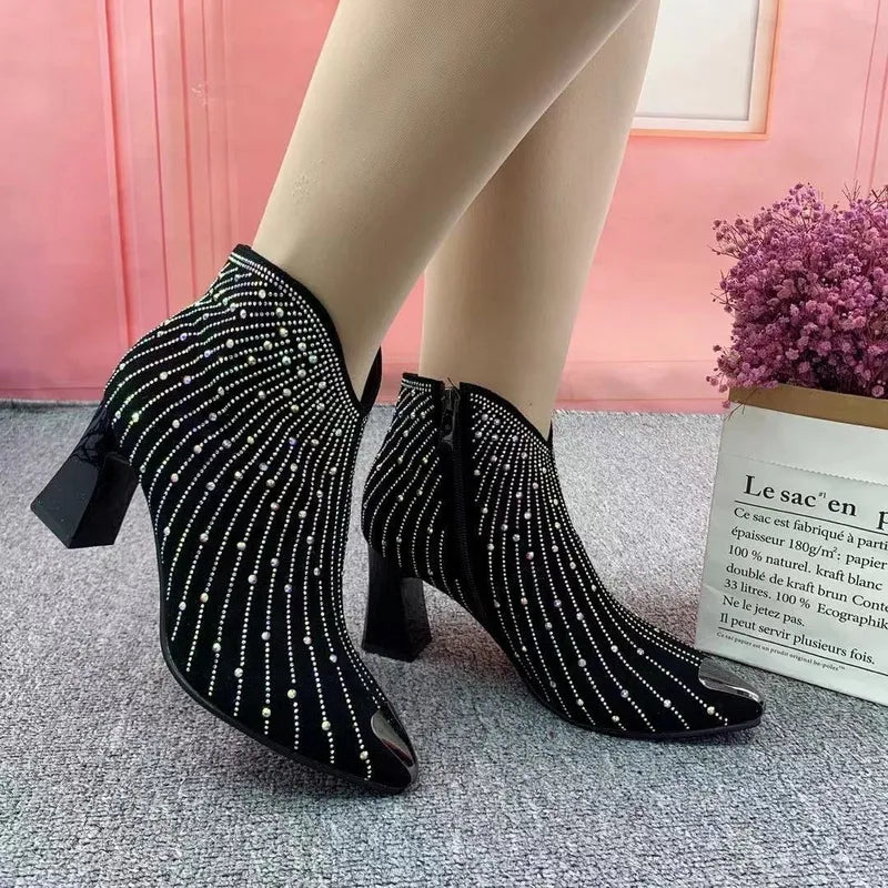 Rhinestone Black Side Zipper Pointed Toe Ankle Boots