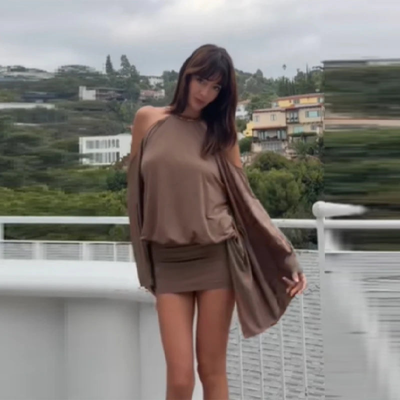 Chiffon Brown Sequin Back Strap Design Off-the-Shoulder Backless Party/Prom Mini Formal Dress