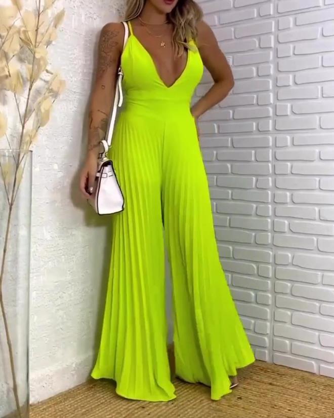 Deep V-Neck Plunge Sleeveless Pleated Wide Leg Jumpsuit