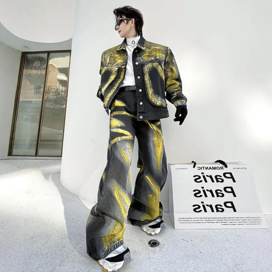 Men's Black/Yellow Colorblock Gradient Painted Design Denim Jean Jacket + Baggy Denim Jeans 2-Piece Set