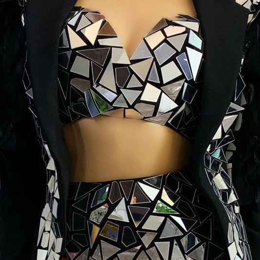 Silver Metallic Geometric Mirror 2-Piece Bikini w/ Feather Detail Balloon Sleeve Jacket Stage Performance Costume