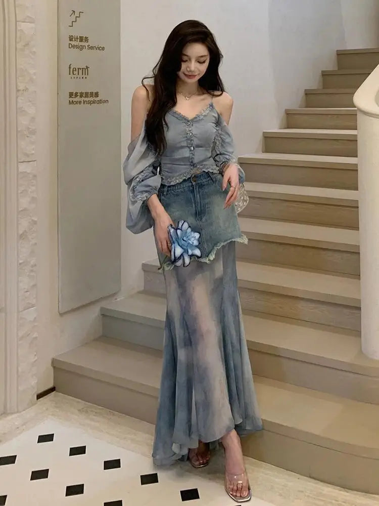 Retro Denim Patchwork Mesh Transparent Fishtail Design High Waisted Ruffled Jean Sheer Contrast Maxi Skirt