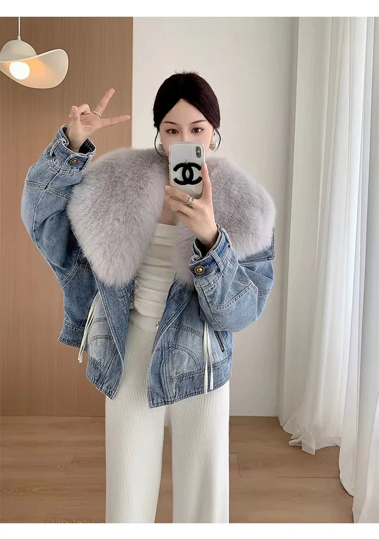 Denim Oversized 100% Real Fox Fur Collar Short Women's Goose Down Puffer Jean Jacket