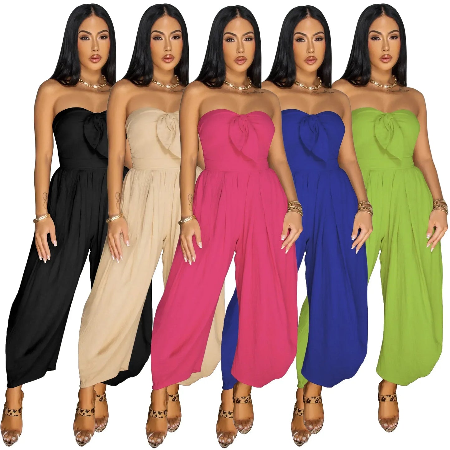 Sleeveless Bowknot Design Solid Color Baggy Tube Top Women's Jumpsuit