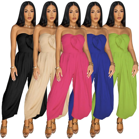 Sleeveless Bowknot Design Solid Color Baggy Tube Top Women's Jumpsuit