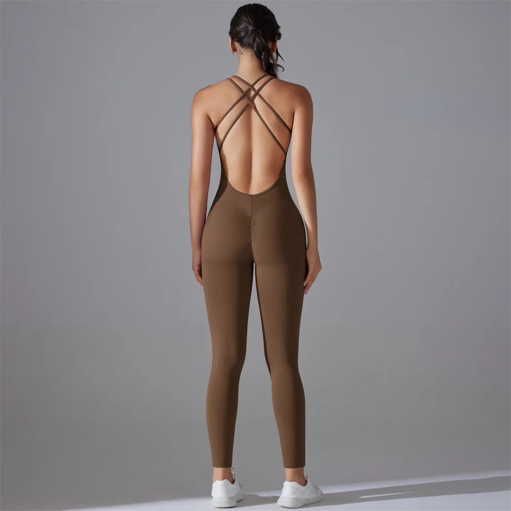 Fitness Solid Color Women's Criss-Cross Scrunch Workout Jumpsuit