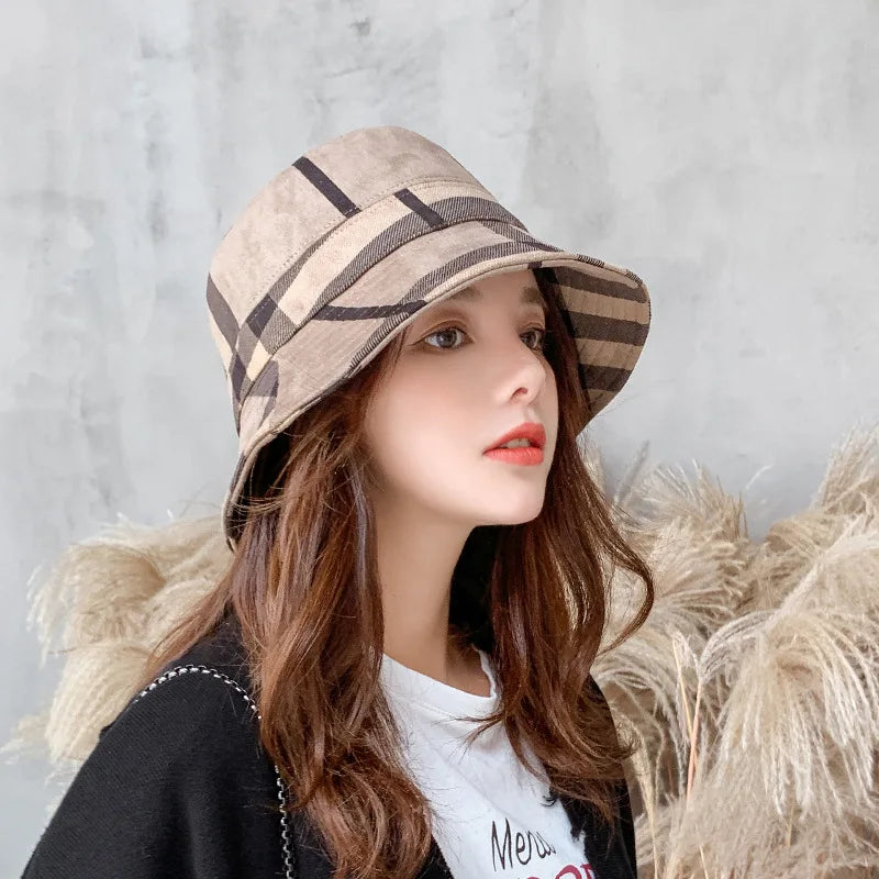 British Women's Suede Plaid Folding Designer Replica Bucket Hat