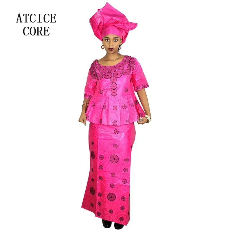 African Bazin Embroidered Design Women's Ruffled 2-Piece Maxi Skirt Suit w/ Head Wrap