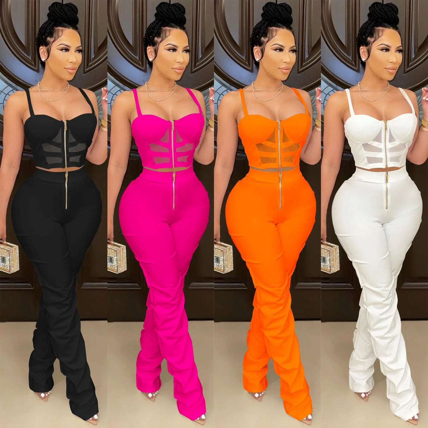 Corset Top Hollow-Out Zipper Front Cropped Tank Top + Stacked Zipper Front Pants Women's 2-Piece Set