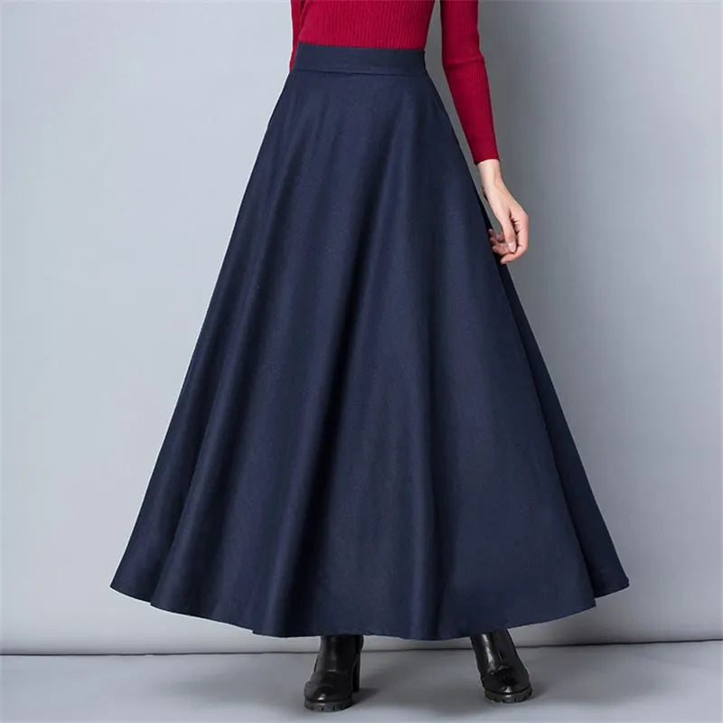 Flared High Waist Solid Wool Elastic A-Line Maxi Skirt