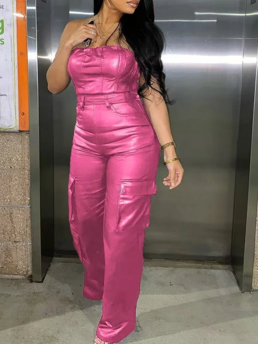 Sleeveless PU Leather Tube Top Design Solid Color Strapless Cinched Waist Women's Cargo Multi-Pocketed Jumpsuit