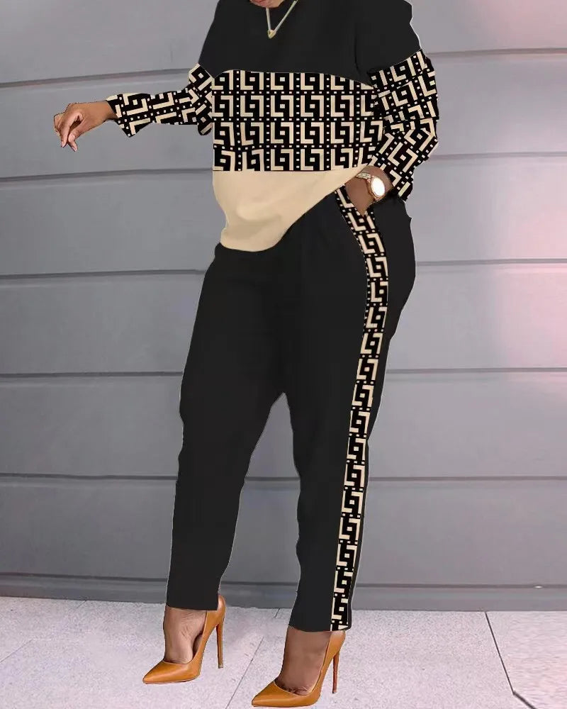 Geometric/Striped/Colorblock/Leopard Long Sleeve Women's Top + Matching Pants 2-Piece Set