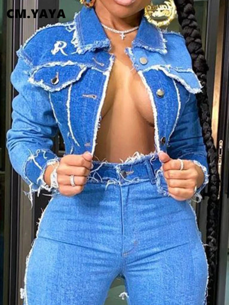 Denim Ripped Fringe Streetwear Long Sleeve Button Front Patchwork Jean Jacket
