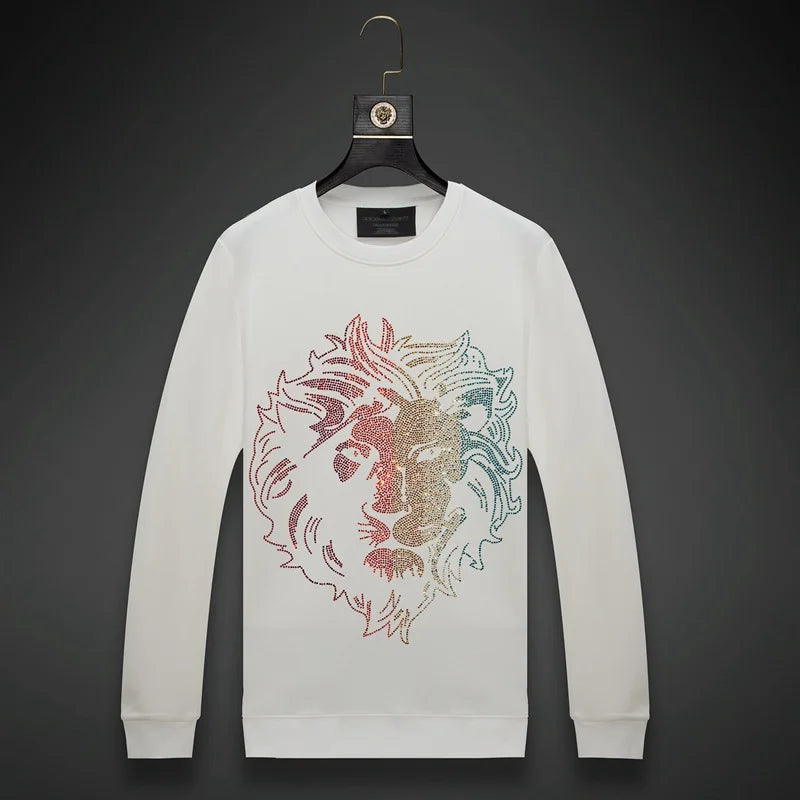 Men's Glitter Metallic Lion Rhinestone Print O-Neck Cotton Pullover Sweatshirt