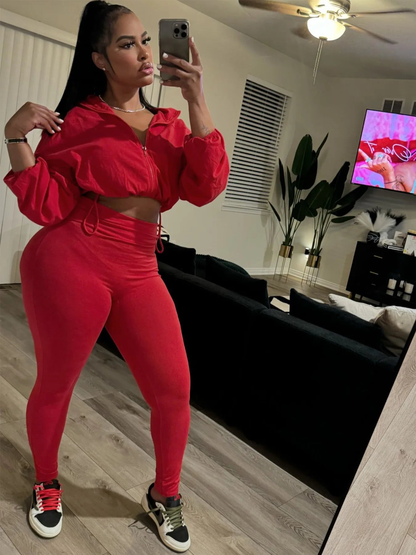 Pullover Women's Long Sleeve Drawstring Zipper Cropped Sweatshirt + Elastic Waist Leggings Tracksuit