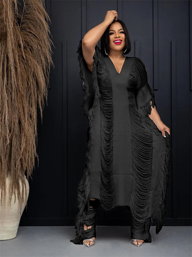 Tassel Fringe Transparent Hollow-Out Knitted Short Sleeve Oversized Maxi Dress