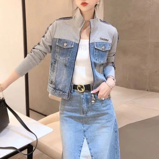 Patchwork Denim Vintage Spliced Stand Collar Long Sleeve Zipper Side Striped Pocket Jacket