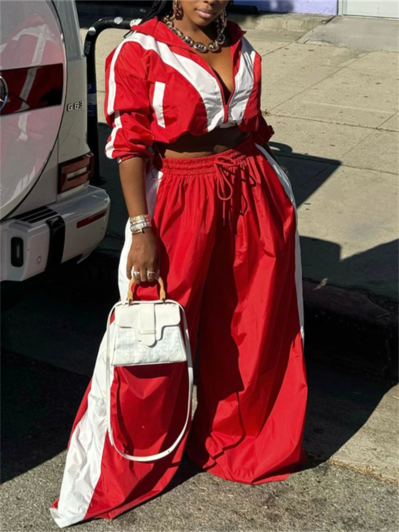 Streetwear Colorblock Women's Loose Crop Zipper Jacket + Wide Leg Pants Tracksuit