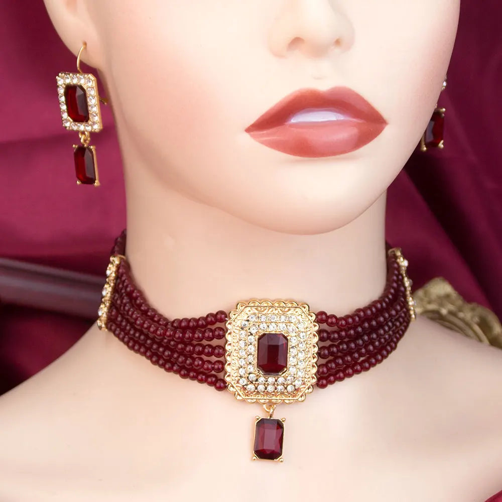 Moroccon Hand Bead Pearl Square Choker Necklace + Drop Square Crystal Rhinestone Earrings 2-Piece Set