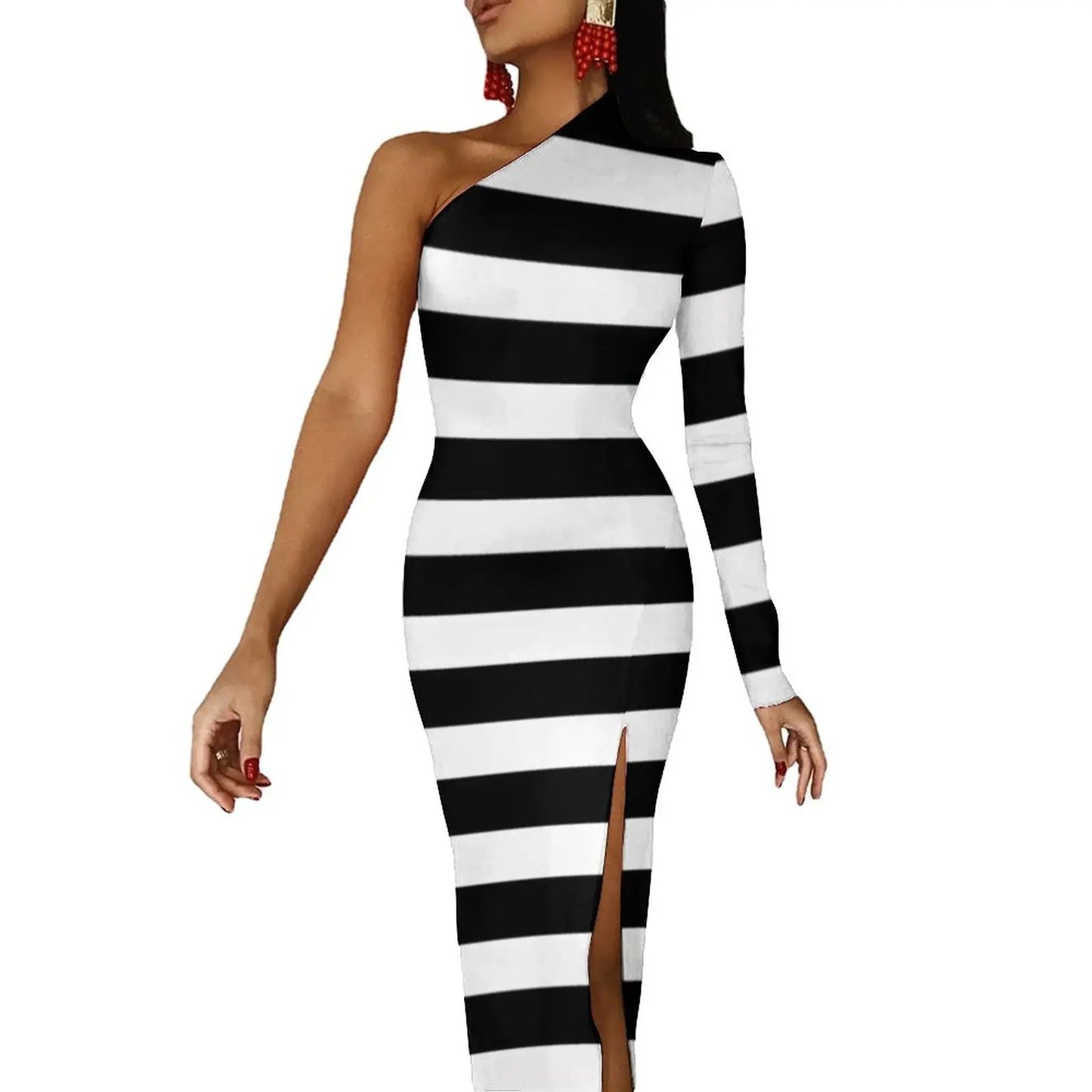 Striped/Rainbow Striped/American Flag Print One Sleeve Asymmetrical Bodycon Midi Dresses