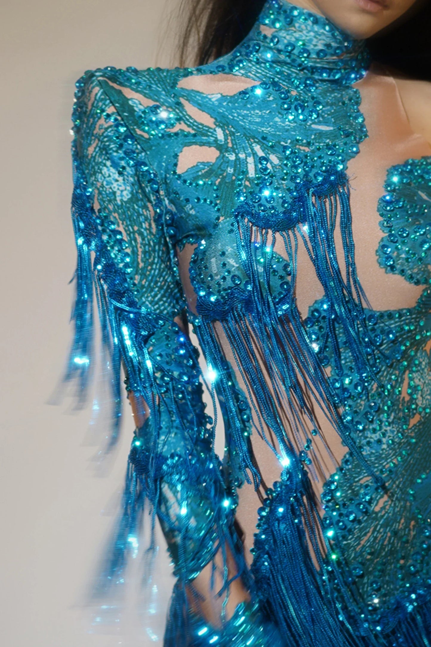 Sparkling Crystal Rhinestone Asymmetrical Fringe One Shoulder Hollow-Out Performance Costume Bodysuit