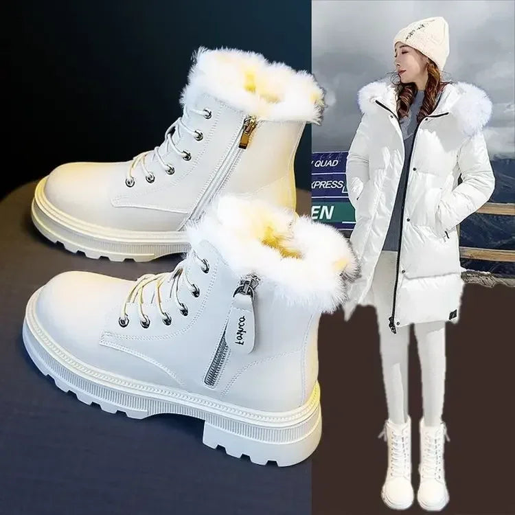 Solid Color Waterproof Plush Women's Zipper Ankle Snowboots