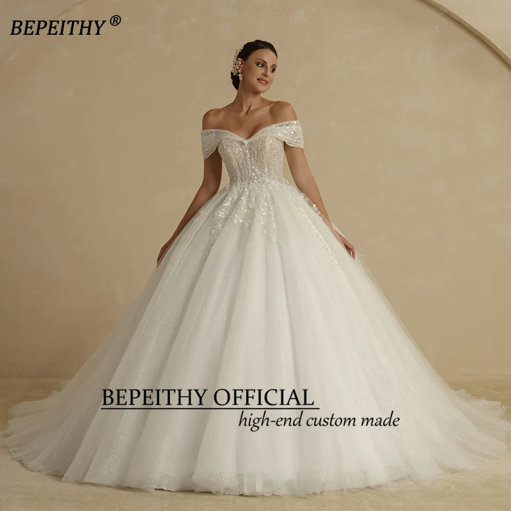 Ivory Beaded Off-the-Shoulder Sleeveless Floor-Length Bridal Wedding Gown Dress