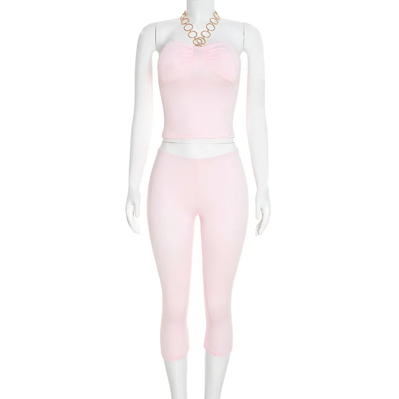 Sleeveless Solid Color Metal Ring Corset Crop Top+ High Waist Capri Pants Women's 2-Piece Set