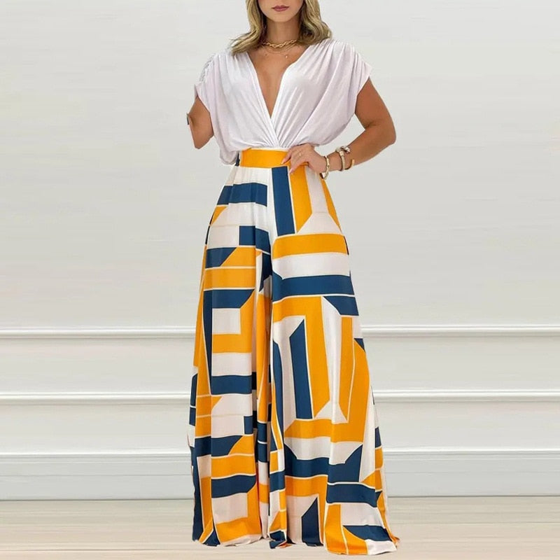 Floral V-Neck Printed Wide Leg Jumpsuit