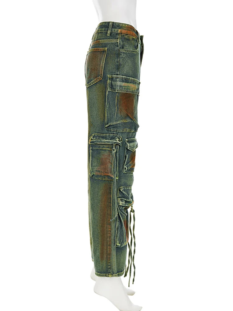 Green Denim Washed Gradient Tie-Dye Retro Ladies Cargo Jeans